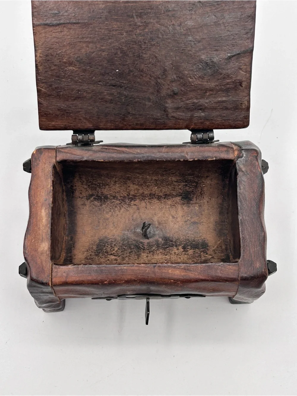 Vintage Hand Carved Rustic Domed Wooden Treasure Chest Trinket Box Brutalist